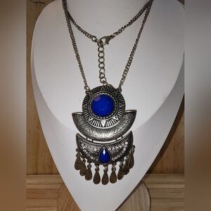 Elegant Blue and Silver Statement Necklace 28"+3"